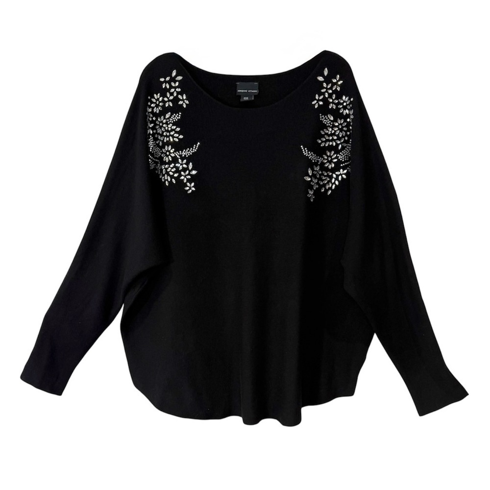 Adrienne Vittadini Sweater Knit Embellished Faux Shiny Rhinestones Black Size 2X